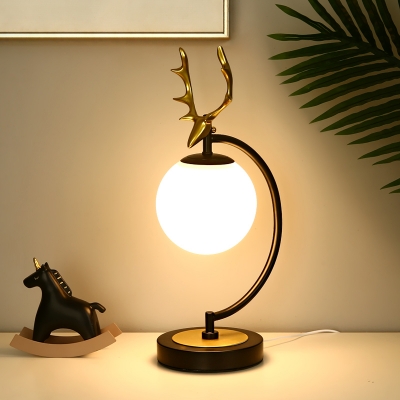 Opaline Glass Globe Table Lamp Nordic 1-Bulb Night Light with Antler Design in Black/Gold