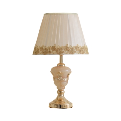 Pleated Fabric Cone Shade Table Lamp Rural Single Bedroom Nightstand Light with Rose Trim in White