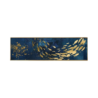 Rectangle Bedroom Wall Mural Mount Lamp Metal LED Asia Sconce in Blue with Shoal of Fish Pattern