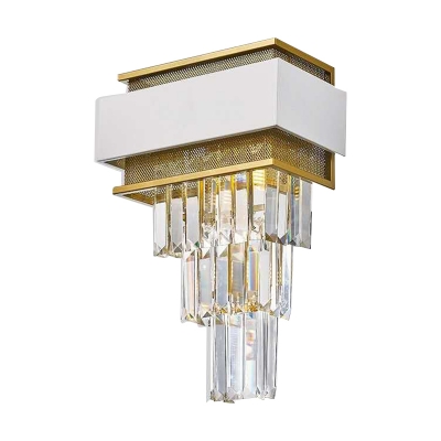 Round/Retangle Tiered Crystal Flush Mount Postmodern 3 Lights Parlor Wall Sconce Lighting in White-Brass