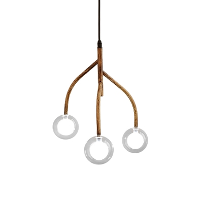 Rural Style Sphere Hanging Chandelier 3 Lights Clear Glass Down Lighting with Wood Branch Design