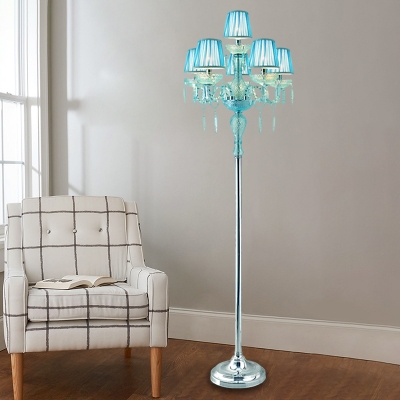 Rustic Conic Floor Reading Lamp 5/6/7-Head Fabric Standing Lamp in Blue with Crystal Drops