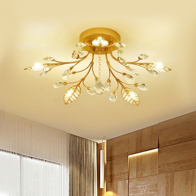 Simple Leaf Semi Flush Mount Light Crystal 5/8-Light Corridor Close to Ceiling Lighting in Gold with Sputnik Design