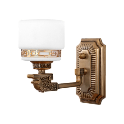 Single Wall Mount Light Fixture Traditional Living Room Sconce Lighting with Cylinder Milky Glass Shade in Brass