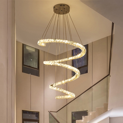 Spiral Clear Crystal Glass LED Multi-Light Pendant Contemporary Stainless-Steel Down Lighting for Living Room