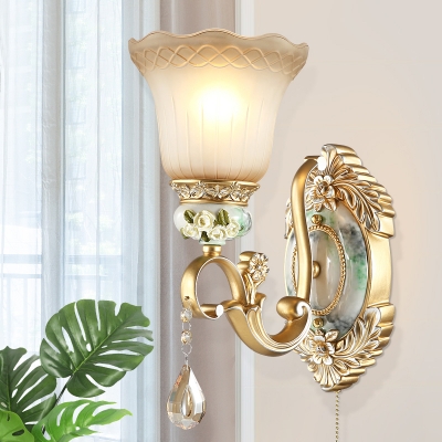Traditional Flower Shade Wall Light Sconce 1/2 Head Tan Glass Wall Mounted Lamp in Gold