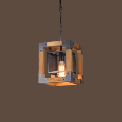 Wood Cube Frame Drop Pendant Industrial 1 Head Restaurant Ceiling Suspension Lamp with Metal Mesh Shade Inside