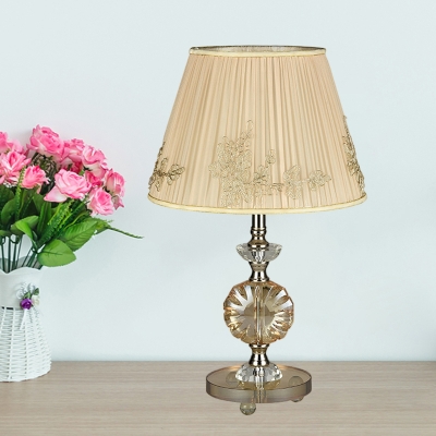 1-Light Barrel Shade Table Light Modern Beige Pleated Fabric Desk Lamp with Perfume Bottle Crystal Stand