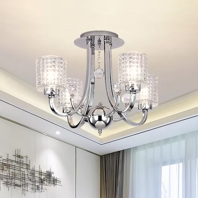 3/4/6-Bulb Restaurant Ceiling Light Modern Chrome Semi Flush Chandelier with Cylinder Crystal Prisms Shade