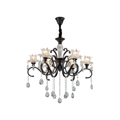 3/6 Bulbs Floral Chandelier Light Traditional Black Hand-Cut Crystal Ceiling Pendant with Candelabra Cups