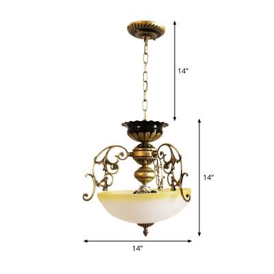 3 Lights Ceiling Pendant Traditional Bowl Ivory Glass Hanging Lamp with Scroll Arm in Bronze
