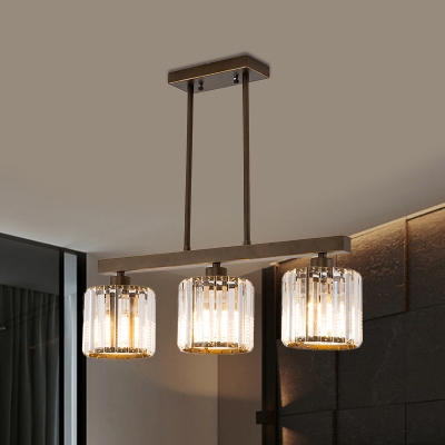 3 Lights Cylindrical Island Lighting Contemporary Clear Prismatic Crystal Suspension Pendant