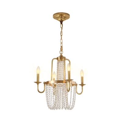 4-Head Candlestick Chandelier Traditional Gold Metal Hanging Pendant Light with Crystal Drapes