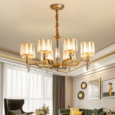 6/8-Bulb Cylindrical Chandelier Postmodern Gold Prismatic Crystal Hanging Ceiling Light for Living Room
