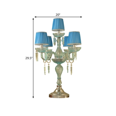 Blue Pleated Lampshade Table Lighting Rustic Fabric 5/6/7 Bulbs Study Room Nightstand Lamp
