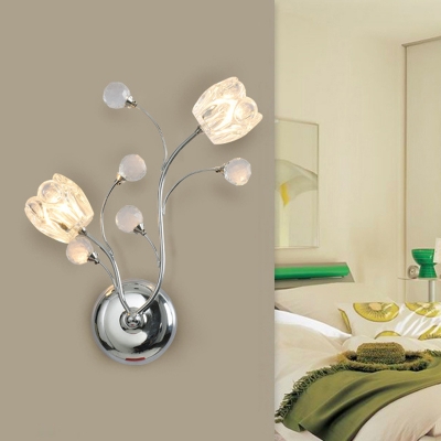 Chrome Blossom Wall Mounted Lamp Modern Style 2 Bulbs Clear Crystal Sconce Light Fixture for Bedroom