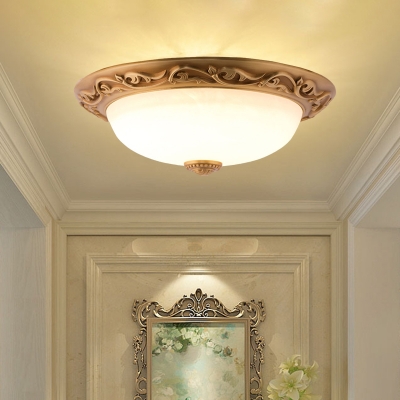 Classic Bowl Flush Ceiling Light White Glass LED Flushmount Lighting in Brown for Bedroom, 12