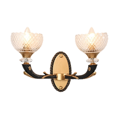 Clear Lattice Glass Bowl Wall Lamp Antique 1/2-Bulb Living Room Sconce Light in Black-Gold