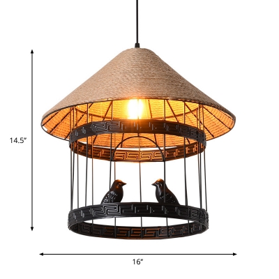 Cone Natural Rope Suspension Lamp Traditional 1-Head Kitchen Pendulum Light with Bird Cage Design in Black