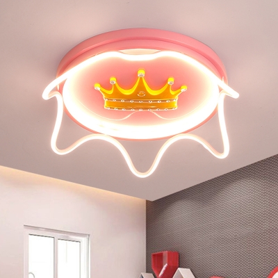 Crown Girls Bedroom Flush Ceiling Light Acrylic LED Cartoon Flush Mount Fixture in Pink/Gold