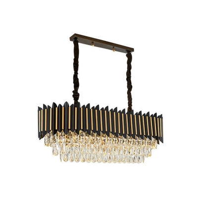 Crystal Block Layered Island Light Fixture Contemporary 8-Head Suspension Lighting in Black and Gold