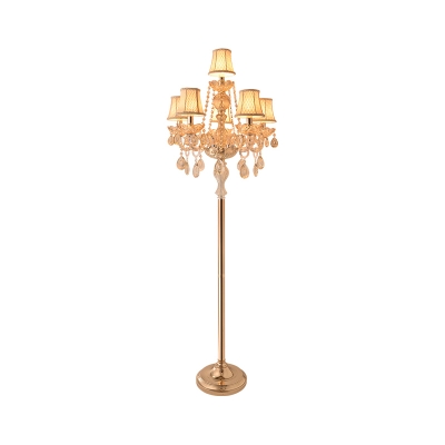 Curved Arm Living Room Floor Lamp Country Crystal 5/6-Light Gold Standing Floor Light with/without Shade
