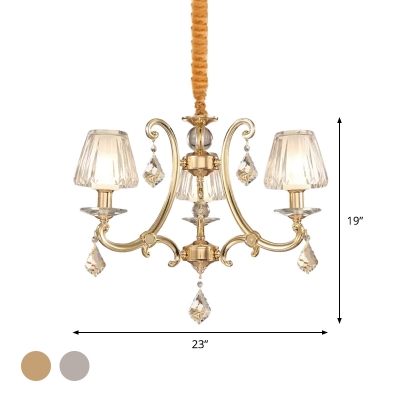 Curved Arm Metal Ceiling Chandelier Traditional 3-Bulb Parlour Pendant Lamp in Gold/Chrome with Cone Crystal Shade