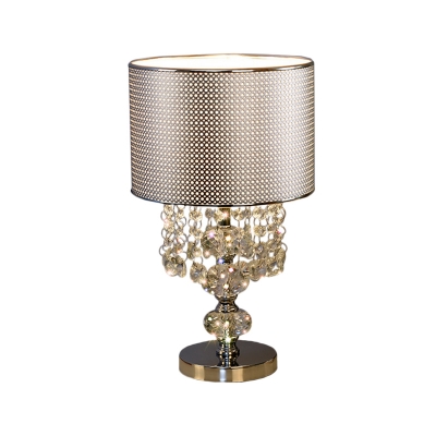 Drum Metal Mesh Table Lamp Traditional Single Head Bedroom Desk Lamp with Crystal Droplets in Chrome