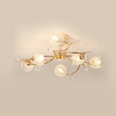 Faceted Crystal Floral Ceiling Fixture Modernism 6 Lights Gold Finish Semi-Flush Mount with Spiral Design