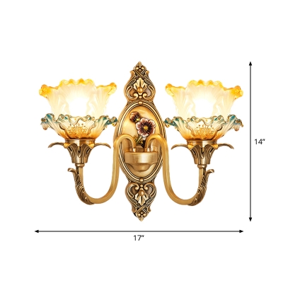 Flower Hand Blown Glass Wall Lamp Traditional 1/2-Light Parlour Wall Mounted Light Fixture in Brass