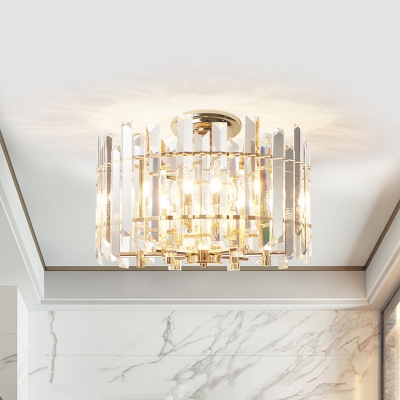 Gold Drum Ceiling Fixture Contemporary Clear Crystal Rectangles 6 Lights Semi-Flush Mount for Hallway