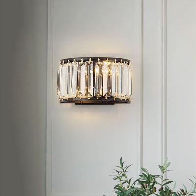 Half Drum Wall Light Fixture Modern Prismatic Optical Crystal 2 Heads Wall Sconce Lighting in Black/Gold