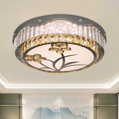 Modern Drum Ceiling Flush Beveled Crystal LED Flush Mount Light with Embossed Flower Pattern