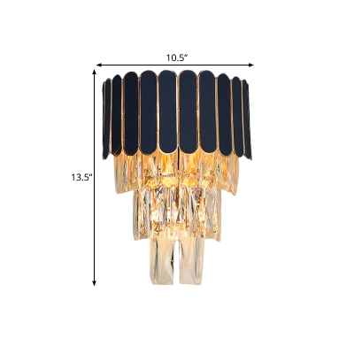 Rectangle-Cut Crystal Tapered Sconce Modern 3-Head Black Wall Mount Light Fixture for Great Room