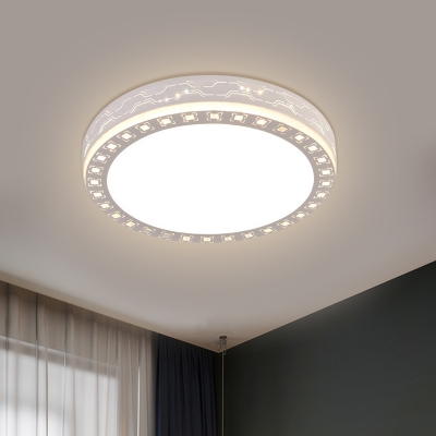 Round Laser-Cut Iron Flush Light Fixture Simple Bedroom LED Ceiling Lamp in White with Crystal Accent