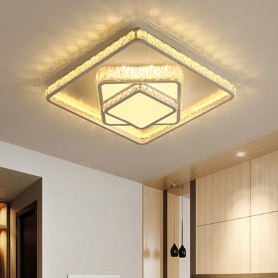 Simple LED Ceiling Light Fixture White Square Flush Mount with Beveled Crystal Shade for Bedroom