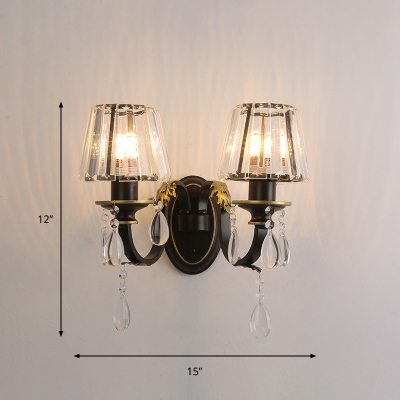 Vintage Conical Wall Light Sconce 1/2-Head Prismatic Crystal Wall Mounted Lamp in Black