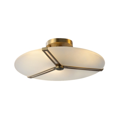 3 Bulbs Ceiling Light Fixture Frosted Classic Drawing Room Semi Flush in Brass with Plectane Shade
