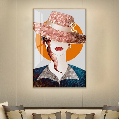 Asian Lady with Hat Wall Mural Lamp with Metallic Shade Gold LED Rectangle Sconce Light Fixture