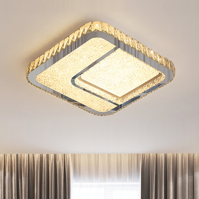 Beveled Crystal Square Flush Mount Lamp Minimalist LED Chrome Ceiling Light Fixture in Warm/White Light
