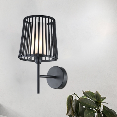 Black 1 Bulb Wall Lamp Fixture Industrial Opal Glass Cylinder Wall Light with Conical Metal Cage Design