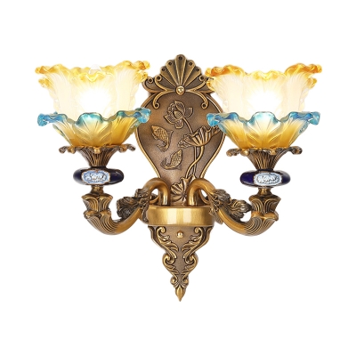 Brass 1/2-Light Sconce Light Fixture Vintage Ruffle Glass Floral Shade Wall Mounted Lamp