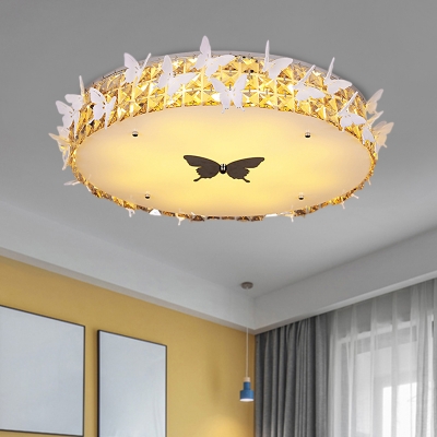 Butterfly-Embellished Drum LED Flushmount Modernist Clear/Amber Beveled Crystal Ceiling Flush Light, 19.5