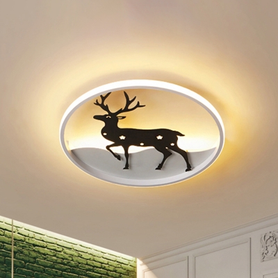 Circle Acrylic Flush Mount Light Nordic LED Black Ceiling Lamp with Deer Design in Warm/White Light
