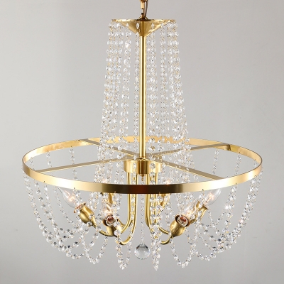 Clear Crystal Chain Brass Hanging Light Basket Shaped 6-Light Mid Century Pendant Chandelier
