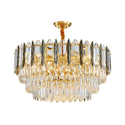 Clear Crystal Layered Suspension Lamp Modern 9-Light Pendant Chandelier in Black and Gold for Living Room