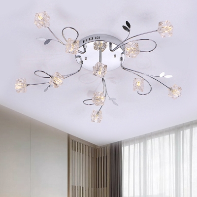 Cube Clear Crystal Ceiling Lamp Contemporary 11/20 Lights Chrome Finish Semi Flush Mount Lighting with Twisted Arm