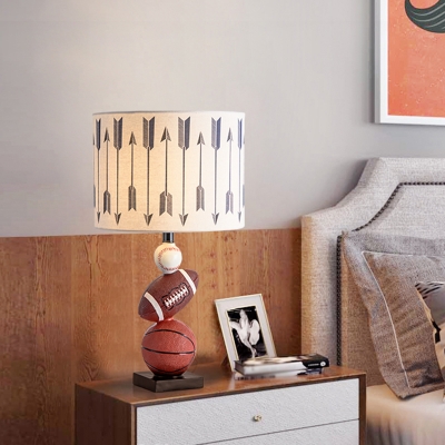 Drum Bedroom Desk Lighting Fabric Shade 1 Light Modern Night Table Lamp with Sport Ball Base in White