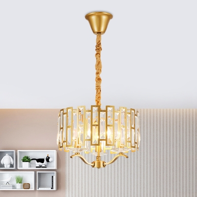 Drum Hanging Light Kit Modern 3/4 Heads Crystal Down Chandelier Lighting in Gold with Bobeche, 16