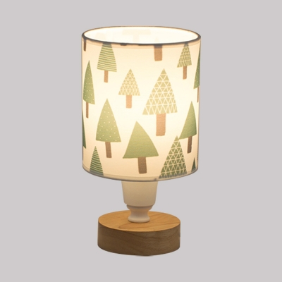 Fabric Cylinder Night Lamp Modernist Single Bulb Table Light with Tree/Fish/Cactus Pattern in White